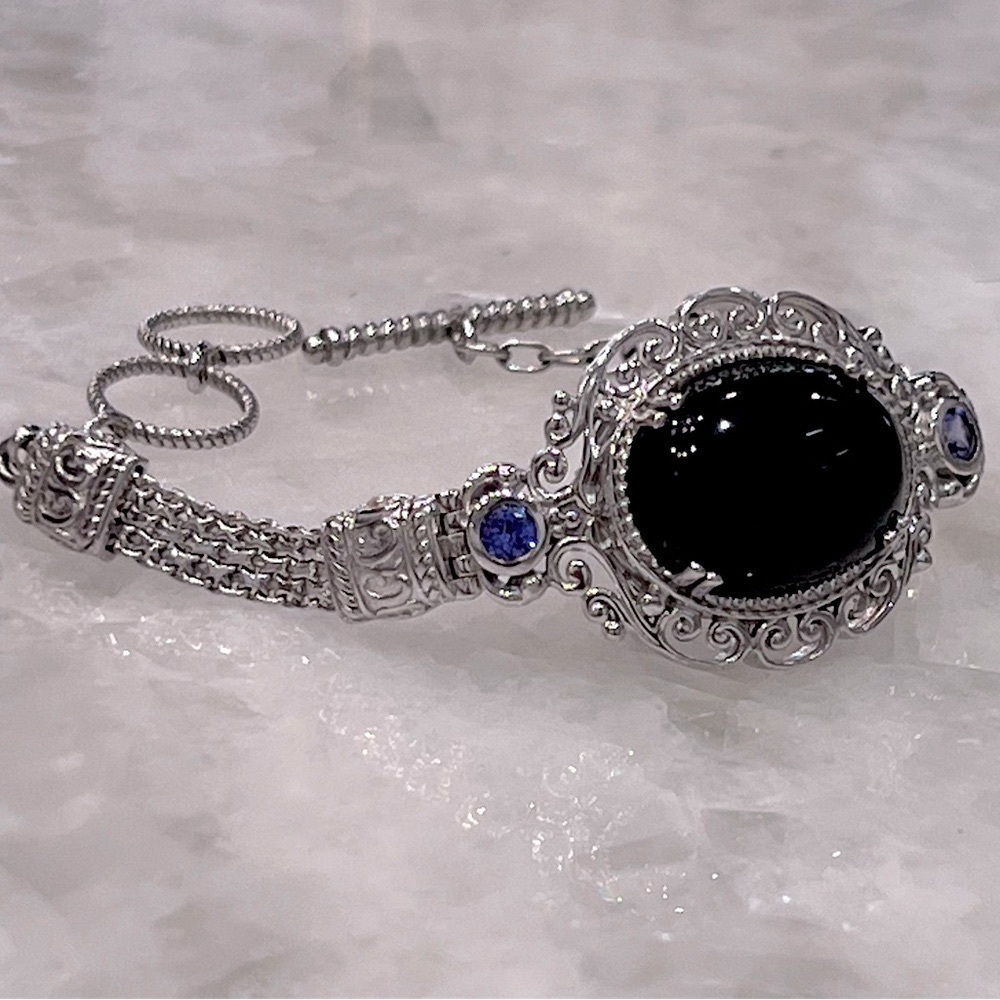 Black Jade and Tanzanite Toggle Clasp Sterling Silver Bracelet - Picture 6 of 15